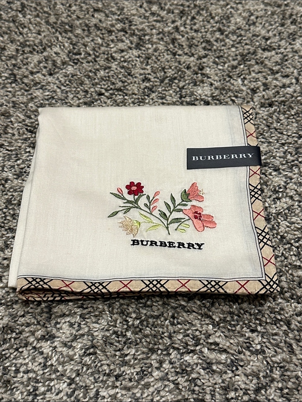 Burberry Cream Cotton Scarf with Floral Embroidery and Check Border- set of 2